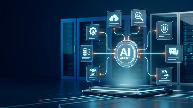 Artificial intelligence agent interface connecting automated enterprise workflows cloud storage and database management in modern server room