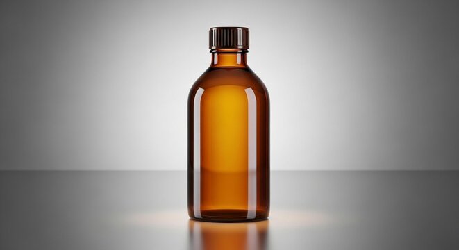 Amber glass bottle, empty medicine container, brown apothecary jar, pharmaceutical packaging