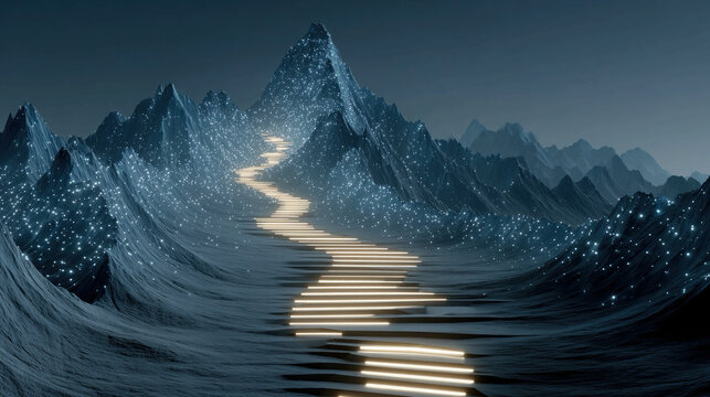 Digital HR Roadmap Journey with Glowing Markers and Mountain Path Concept - Conceptual illustration representing career growth recruitment and strategic planning
