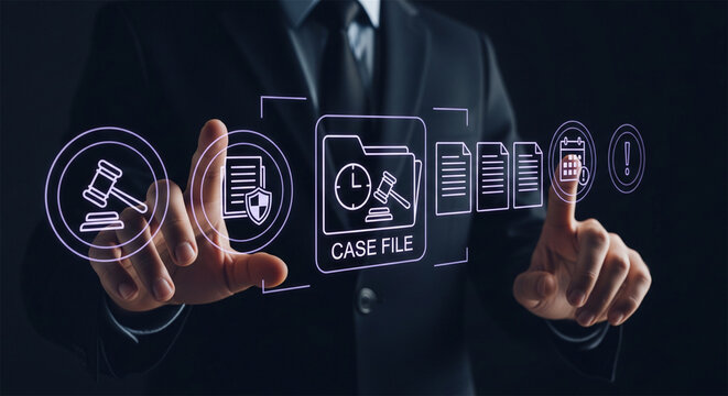 Digital law and justice concept, businessman managing legal case files on virtual screen, electronic court document management system