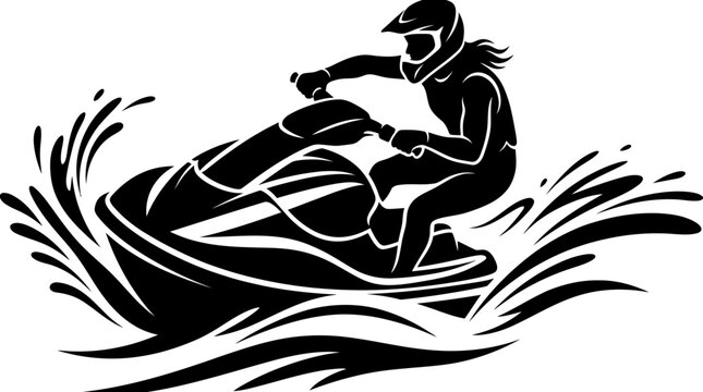 Jet ski rider in action, dynamic water splash, silhouette style