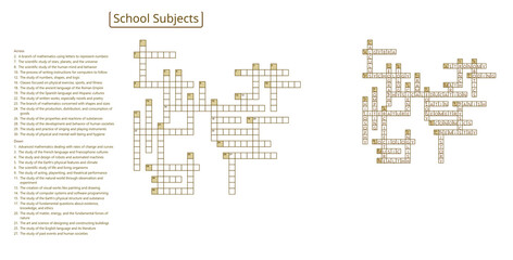 School subjects crossword puzzles in English and Russian educational theme.