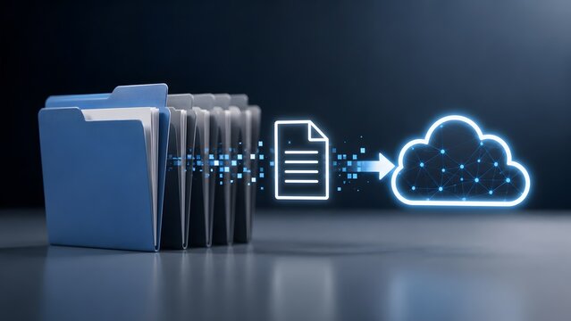 Digital document digitization network transferring file data from physical folders to secure cloud computing infrastructure server