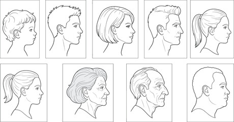 Human Side Profile Line Art Collection Featuring Children, Adults, and Seniors Portrait Illustrations © It's Marja