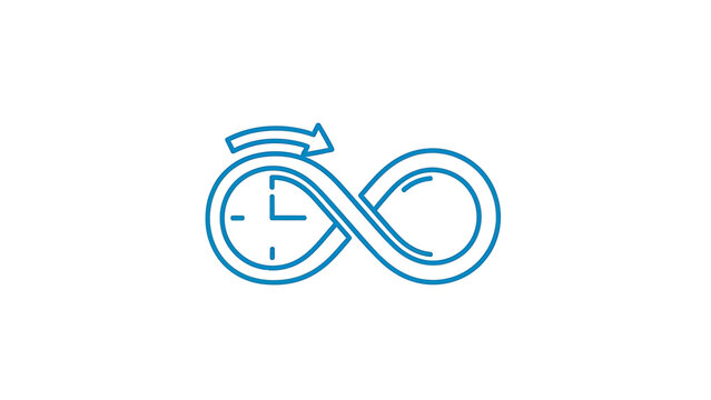 Blue infinity symbol with a clock face and arrow overlay