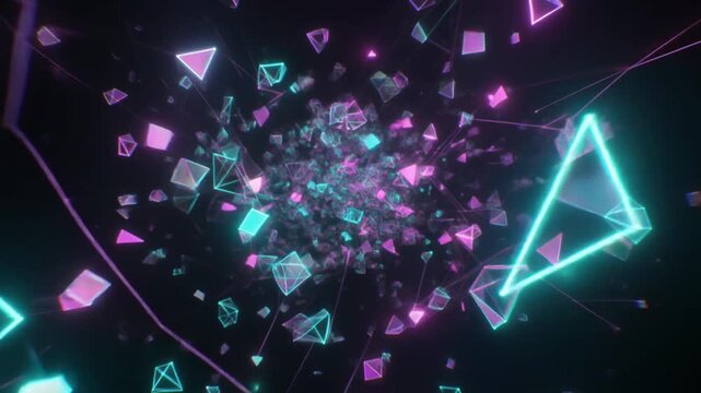 マゼンタの光が際立つホログラフィック多面体空間