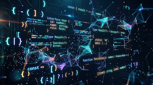 A digital abstract image showcases complex code and network connections. The background is a dark, futuristic space filled with glowing lines of code, brackets, and curly braces.