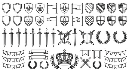 Medieval heraldry emblems, shields, swords, flags, banners, wreaths, and crown set. © KALPANA AKTER
