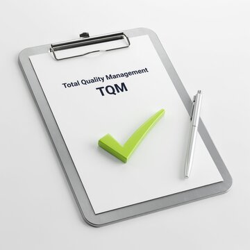 Quality management concept, Total Quality Management TQM checklist, clipboard with green checkmark, business quality control