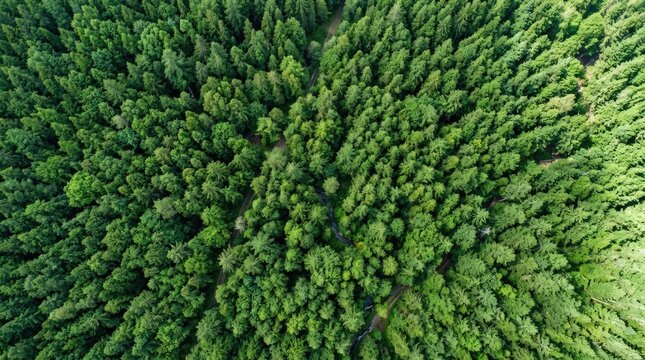 An aerial photograph showcases a dense forest of evergreen trees. The trees are tightly packed, creating a textured canopy.