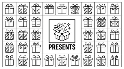 Fototapeta premium Gift boxes with ribbons and bows set, present package line icons collection.