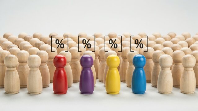 Diverse crowd, colorful people icons, percentage signs, statistics concept, business diversity