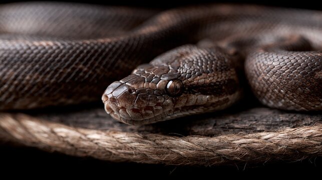 Close Up Macro Shot of a Brown Python Snake Coiled on a Rustic Rope Against a Dark Background