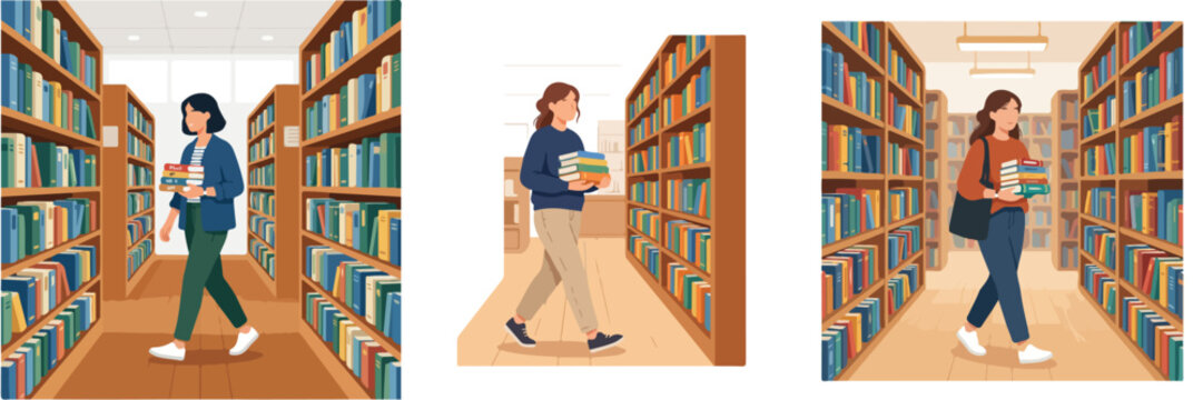 Isometric vector set of young men studying and working at wooden desks with notebooks and laptops