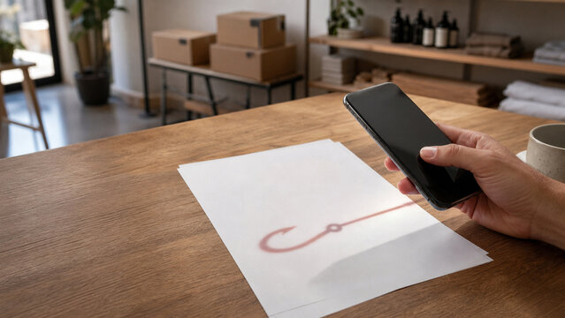 Small business owner recognizing phishing threat before digital payment