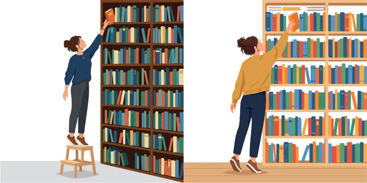 Young women reaching for books on high shelves representing a learning concept and library education