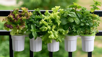 Fototapeta premium Fresh green leafy vegetables and aromatic herbs thriving in white hanging pots on a black metal railing