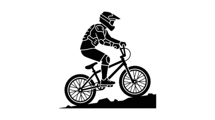 Fototapeta premium Silhouette of a downhill mountain biker riding on a rocky trail