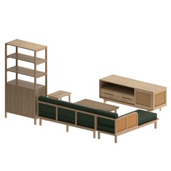Perspective view of a white oak living room furniture set featuring an L shaped sofa, coffee table, TV cabinet, storage cabinet, bookshelf, and stool.  © Rio