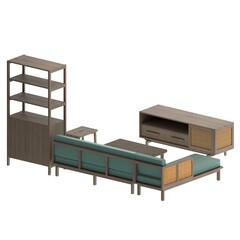 Perspective view of a white oak antique grey rustic living room furniture set with an L shaped sofa, coffee table, TV cabinet, bookshelf, storage cabinet, and stool.  © Rio