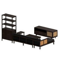 Fototapeta premium Perspective view of a walnut living room furniture set featuring an L shaped sofa, coffee table, TV cabinet, storage cabinet, bookshelf, and stool. 
