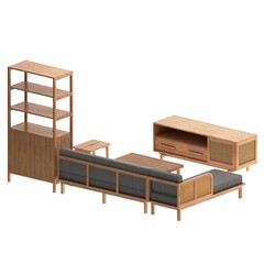 Perspective view of an oak living room furniture set featuring an L shaped sofa, coffee table, TV cabinet, storage cabinet, bookshelf, and stool with coordinated wooden craftsmanship.  © Rio