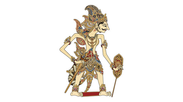 Traditional Balinese dancer performs dramatic action with ornate costume