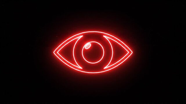 Red Neon Eye Glowing Icon with Glitch Effect on Black Background for Halloween and Horror Digital Art Projects