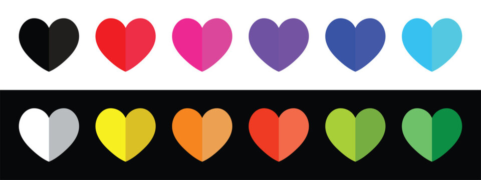Multicolor Split Heart Icon Collection with Two Tone Love Symbols on White and Black Background Vector Set 