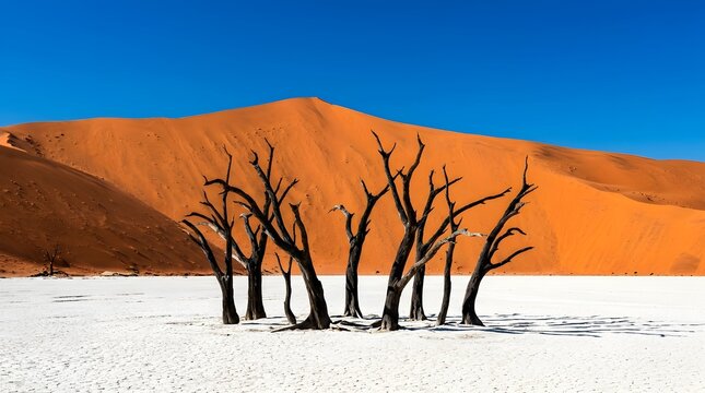 Dead Camel Thorn Trees in Deadvlei Clay Pan with Orange Sand Dunes and Clear Blue Sky in Namibia