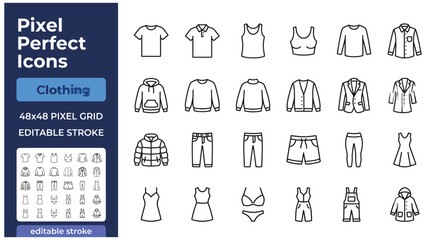 Clothing, apparel line icons set. Oversize t-shirt, hoodie, wide-leg jeans, puffer jacket, bra, jumpsuit flat minimal vector illustrations. Simple outline signs.   © Mdsahijul
