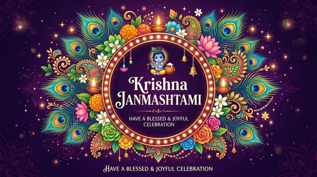 Watercolor illustration of round stylized frame for krishna janmashtami.