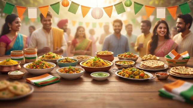 Abundant Indian Food Spread for India's Independence Day Celebration with Festive Bunting and Gathering