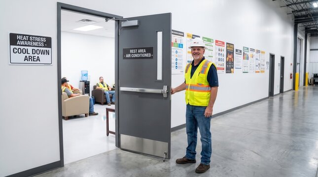 Construction Supervisor Ensuring Heatwave Safety Near Air Conditioned Area