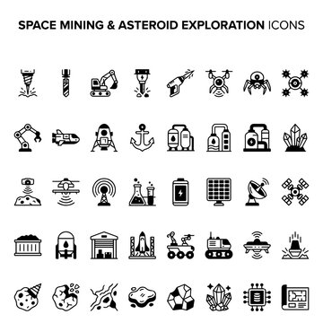 Space mining and asteroid exploration icons set with asteroid, exploration