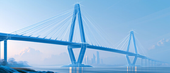 Fototapeta premium Modern Cable-Stayed Bridge at Dawn: A striking blue-toned cable-stayed bridge spans a calm body of water, with subtle hints of distant mountains and cityscape under a soft, ethereal dawn sky.