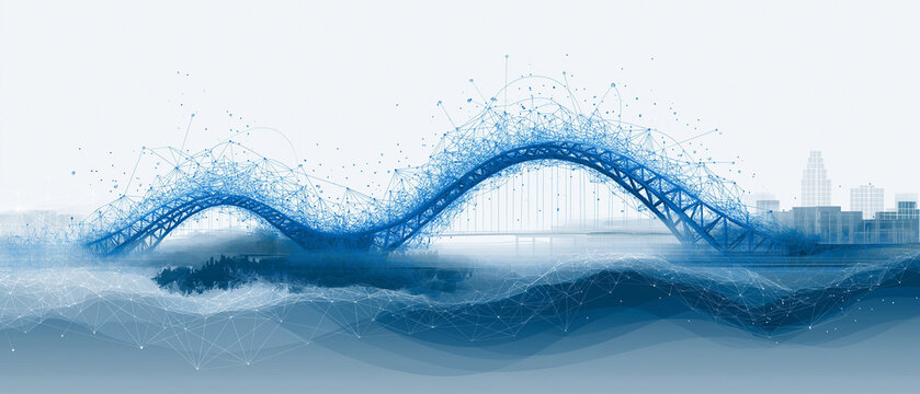 Futuristic Blue Bridge: A stunning digital art piece depicting a futuristic blue bridge, seemingly constructed from flowing digital data.