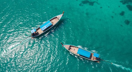 Fototapeta premium View from above, stunning aerial view of two long tail boats floating on a turquoise water