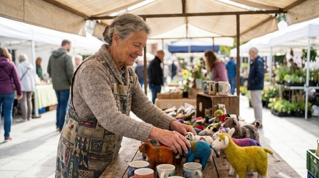 Senior Citizen Day Market Seller Arranges Handmade Crafts