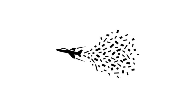 Silhouette of a jet airplane leaving a trail of abstract confetti shapes