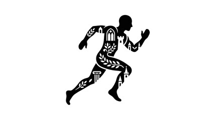 Fototapeta premium Silhouette of a runner filled with architectural and natural elements, representing history and progress