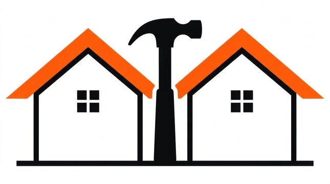 Home renovation concept hammer between two houses vector illustration