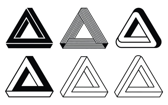 Penrose triangle impossible object set vector illustration black and white geometric optical illusion shapes isolated on clean white background
