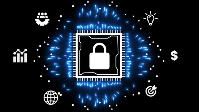Electronic circuit board with lock icon. Moving electronic circuit animation on black background. lock icon futuristic neon circuit board animated Processor chips background. 4k video