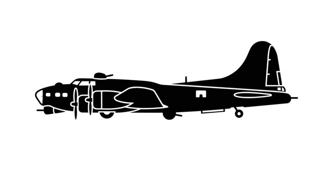 Silhouette of a vintage bomber airplane, b-17 flying fortress, side view, isolated on white