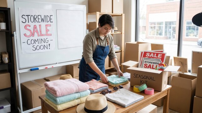 Retail Worker Prepares End Of Summer Seasonal Kit