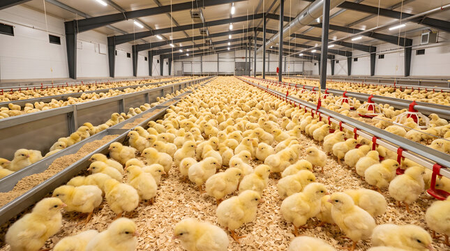 Healthy Yellow Baby Chicks Inside Modern Poultry Hatchery with Warm Lighting Commercial Agriculture Ultra Realistic 16K