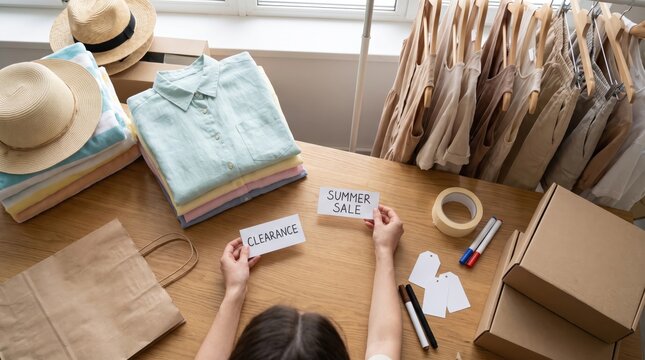 Shop Owner Preparing for End Of Summer Retail & Clearance Campaign