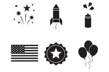 Naklejka premium Celebration Icons Fireworks Rocket Spray Can Flag Badge And Balloons Silhouette