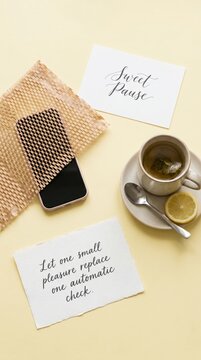 Smartphone, Tea, and Inspiring Quotes: A Scene for Digital Detox and Calm Reflection